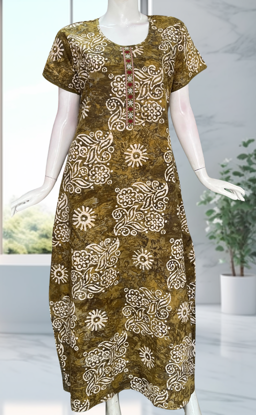 Mehndi Green Batik Pure Cotton Nighty. Pure Durable Cotton | Laces and Frills - Laces and Frills