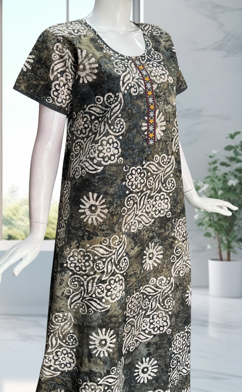 Grey Batik Pure Cotton Nighty. Pure Durable Cotton | Laces and Frills - Laces and Frills