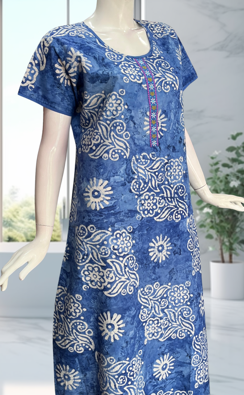 Blue Batik Pure Cotton Nighty. Pure Durable Cotton | Laces and Frills - Laces and Frills