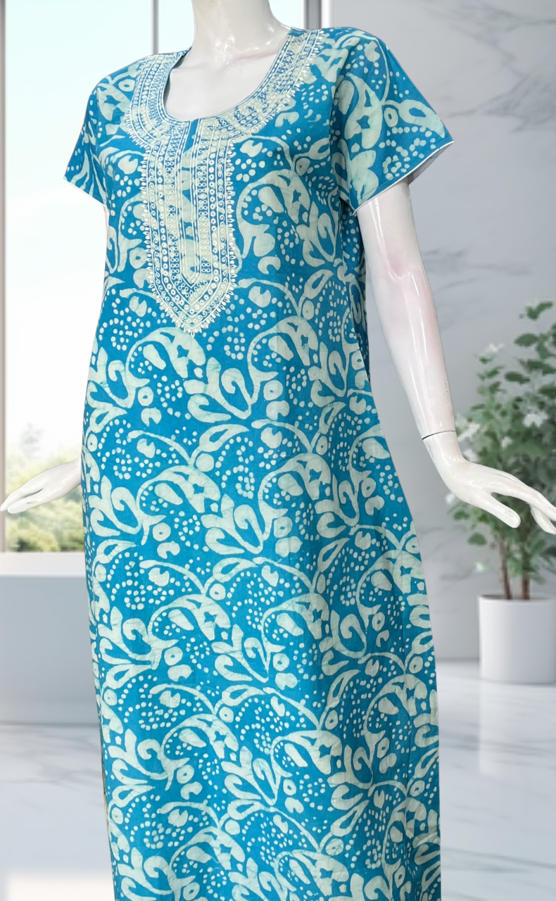 Sky Blue Batik Pure Cotton Nighty. Pure Durable Cotton | Laces and Frills - Laces and Frills