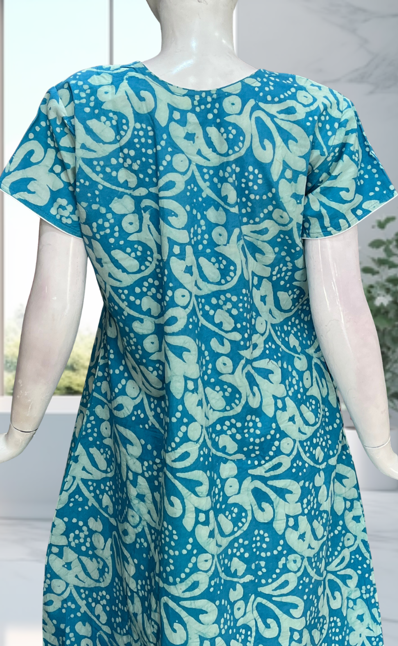 Sky Blue Batik Pure Cotton Nighty. Pure Durable Cotton | Laces and Frills - Laces and Frills