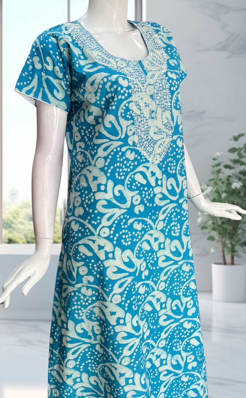 Sky Blue Batik Pure Cotton Nighty. Pure Durable Cotton | Laces and Frills - Laces and Frills