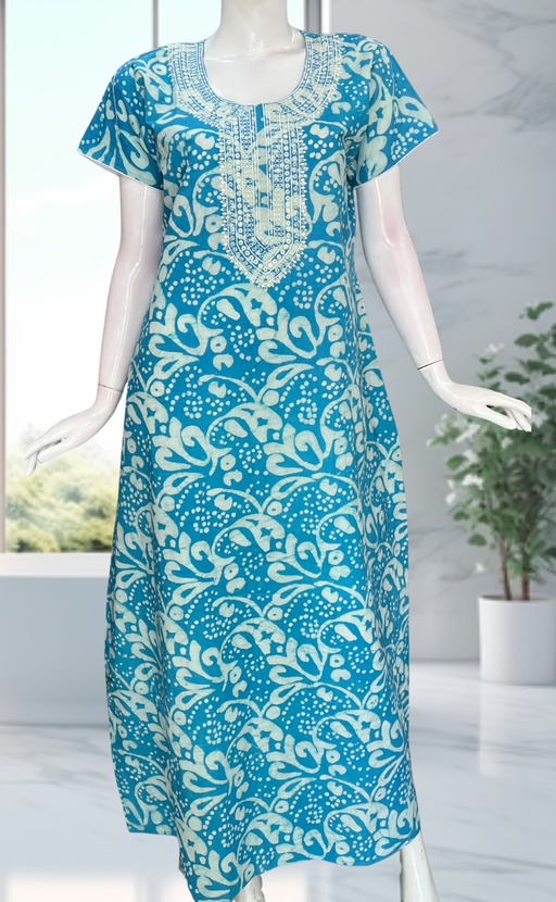 Sky Blue Batik Pure Cotton Nighty. Pure Durable Cotton | Laces and Frills - Laces and Frills