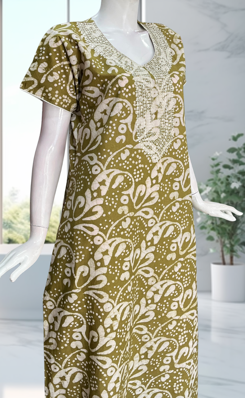 Mehndi Green Batik Pure Cotton Nighty. Pure Durable Cotton | Laces and Frills - Laces and Frills