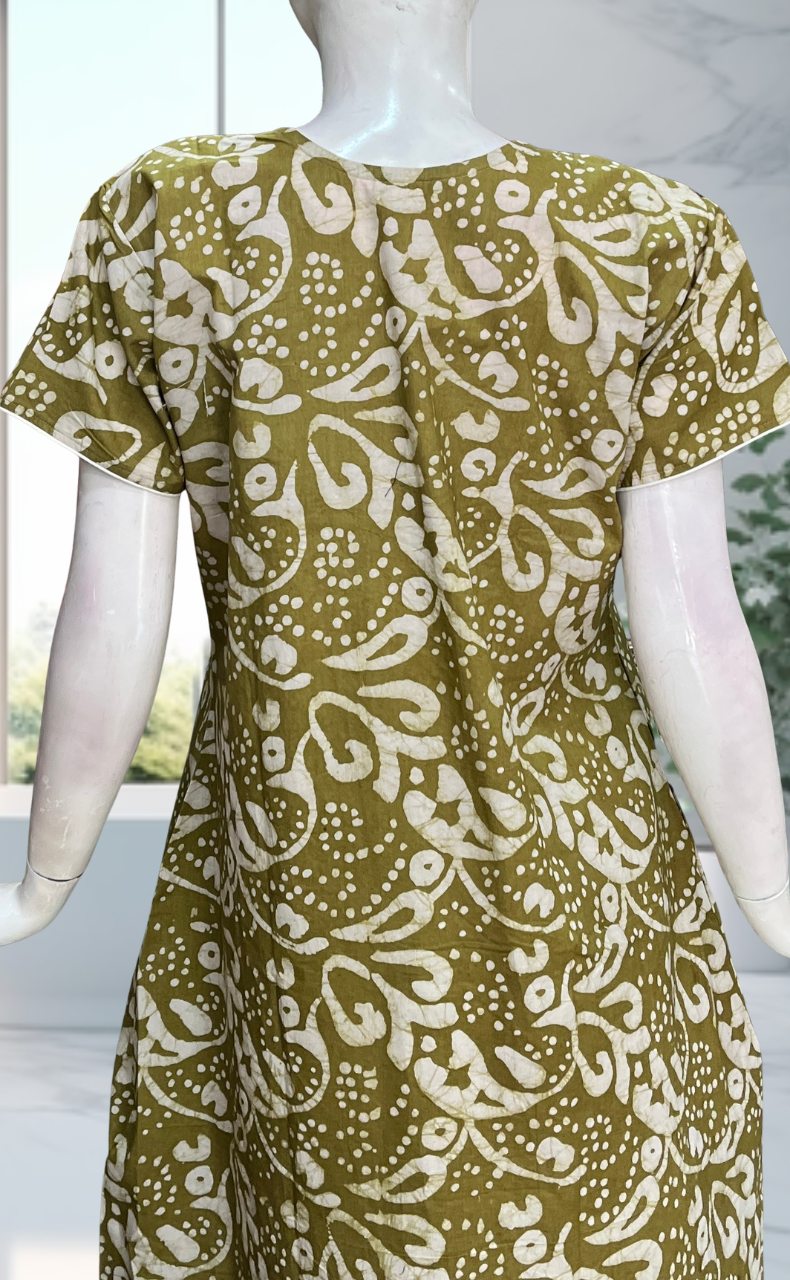 Mehndi Green Batik Pure Cotton Nighty. Pure Durable Cotton | Laces and Frills - Laces and Frills