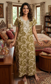 Mehndi Green Batik Pure Cotton Nighty. Pure Durable Cotton | Laces and Frills - Laces and Frills