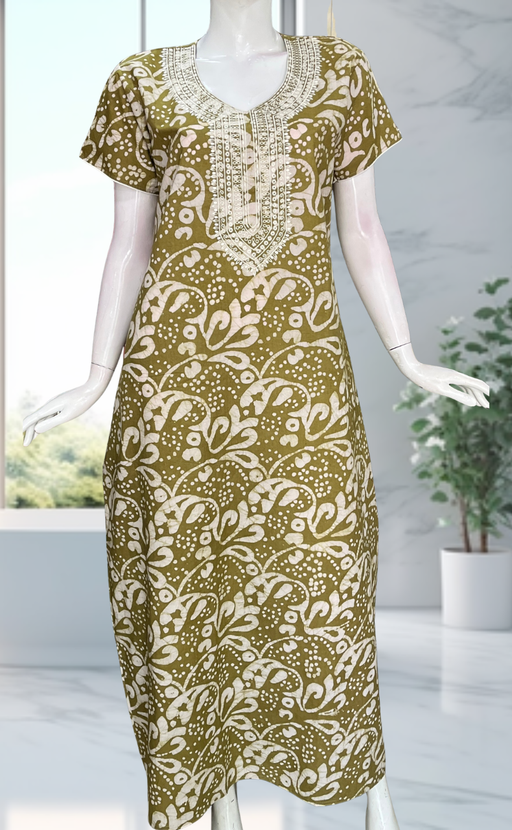 Mehndi Green Batik Pure Cotton Nighty. Pure Durable Cotton | Laces and Frills - Laces and Frills