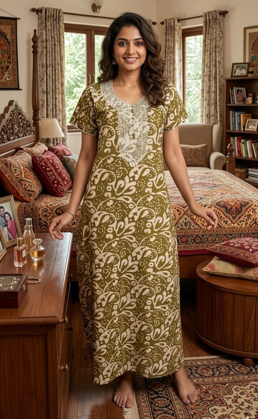 Mehndi Green Batik Pure Cotton Nighty. Pure Durable Cotton | Laces and Frills - Laces and Frills