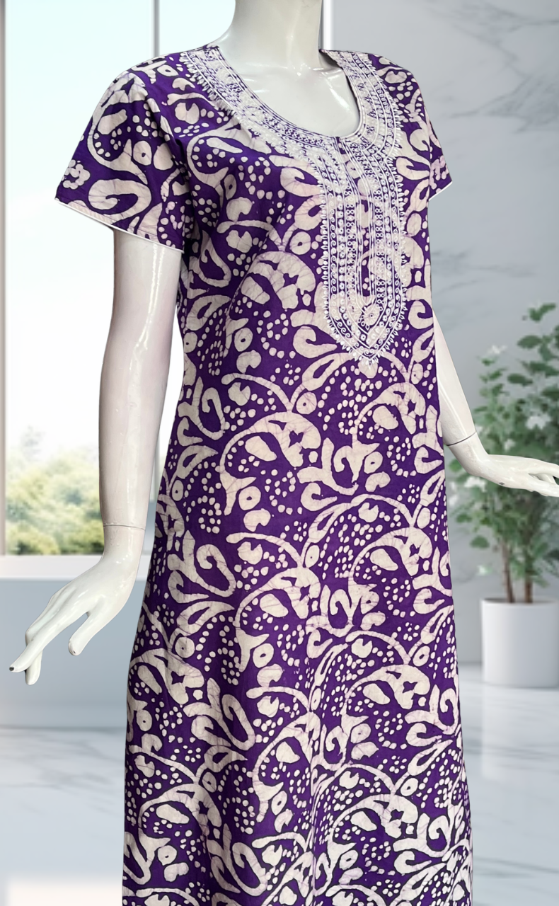 Violet Batik Pure Cotton Nighty. Pure Durable Cotton | Laces and Frills - Laces and Frills