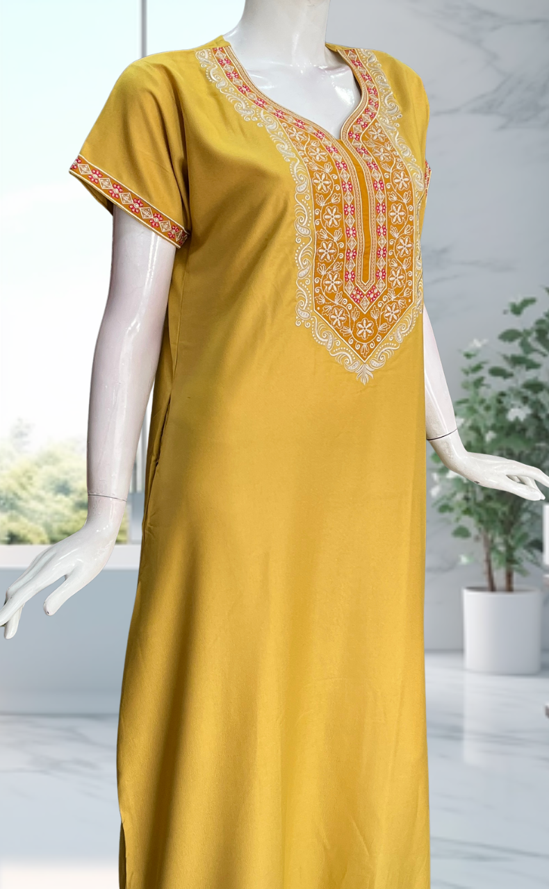 Yellow Embroidery Spun Nighty. Flowy Spun Fabric | Laces and Frills - Laces and Frills