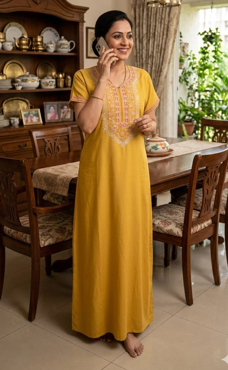 Yellow Embroidery Spun Nighty. Flowy Spun Fabric | Laces and Frills - Laces and Frills