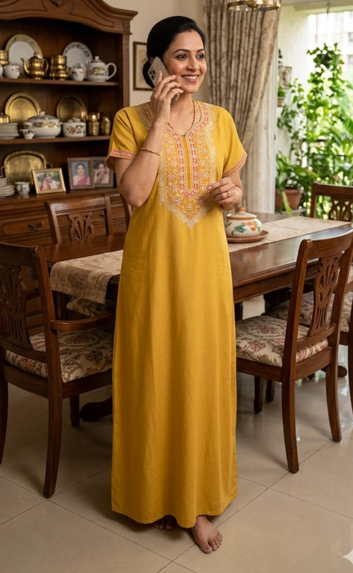 Yellow Embroidery Spun Nighty. Flowy Spun Fabric | Laces and Frills - Laces and Frills