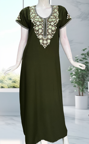 Olive Green Embroidery Soft Cotton Nighty. Soft Breathable Fabric | Laces and Frills - Laces and Frills