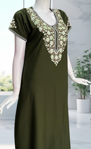 Olive Green Embroidery Soft Cotton Nighty. Soft Breathable Fabric | Laces and Frills - Laces and Frills