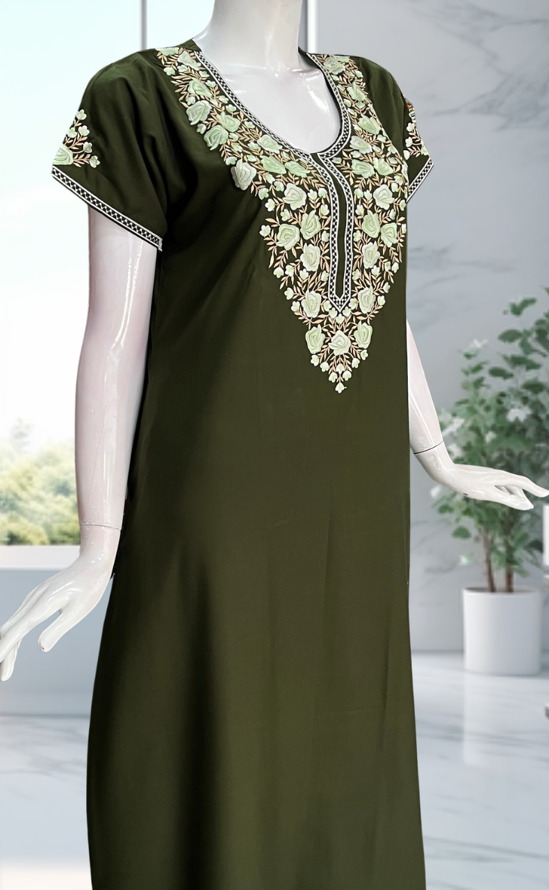 Olive Green Embroidery Soft Cotton Nighty. Soft Breathable Fabric | Laces and Frills - Laces and Frills
