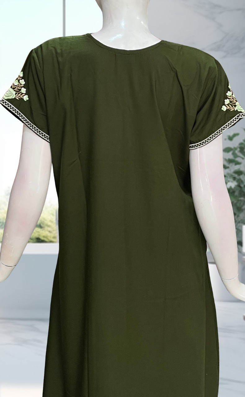 Olive Green Embroidery Soft Cotton Nighty. Soft Breathable Fabric | Laces and Frills - Laces and Frills