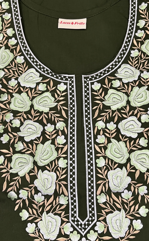 Olive Green Embroidery Soft Cotton Nighty. Soft Breathable Fabric | Laces and Frills - Laces and Frills