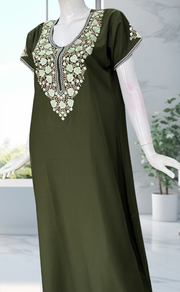 Olive Green Embroidery Soft Cotton Nighty. Soft Breathable Fabric | Laces and Frills - Laces and Frills