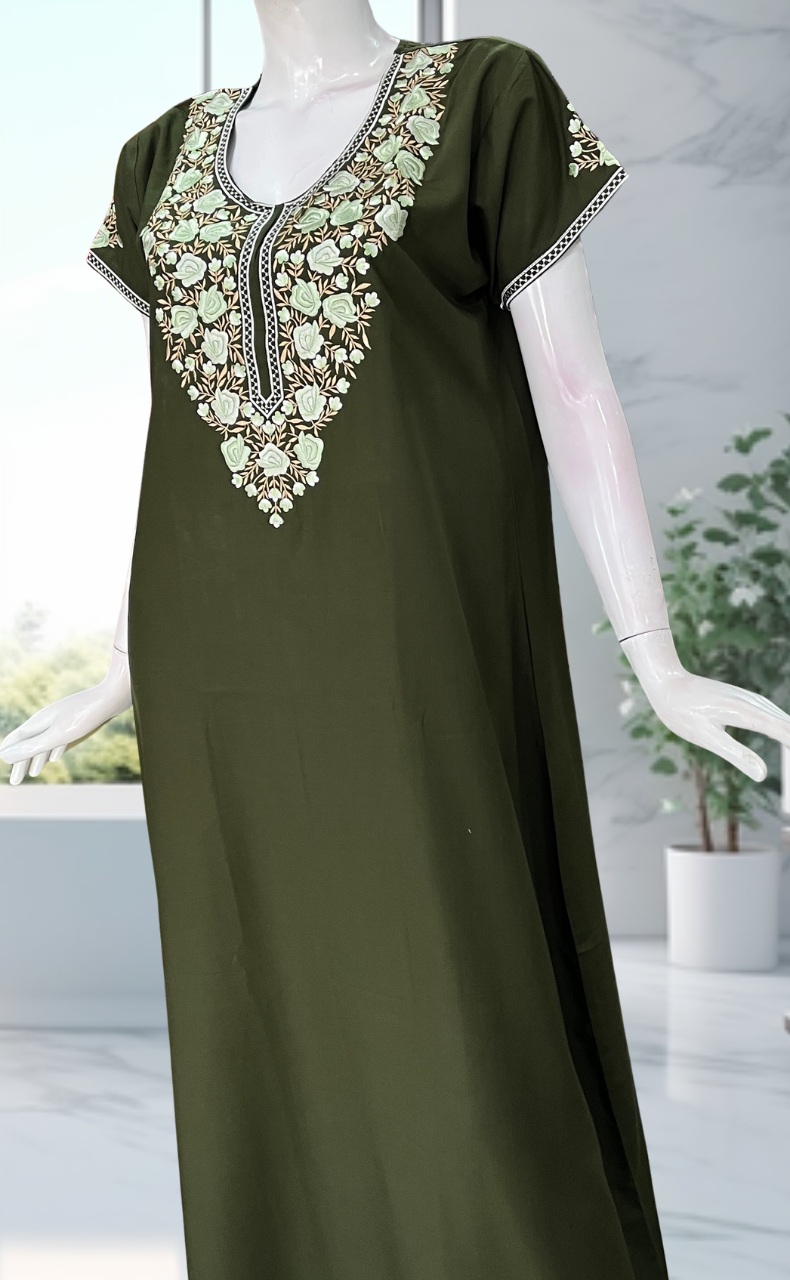 Olive Green Embroidery Soft Cotton Nighty. Soft Breathable Fabric | Laces and Frills - Laces and Frills