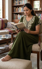 Olive Green Embroidery Soft Cotton Nighty. Soft Breathable Fabric | Laces and Frills - Laces and Frills