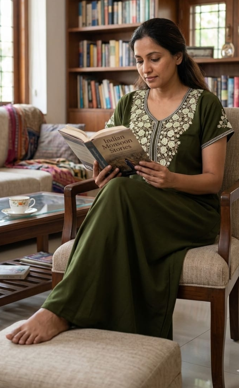 Olive Green Embroidery Soft Cotton Nighty. Soft Breathable Fabric | Laces and Frills - Laces and Frills
