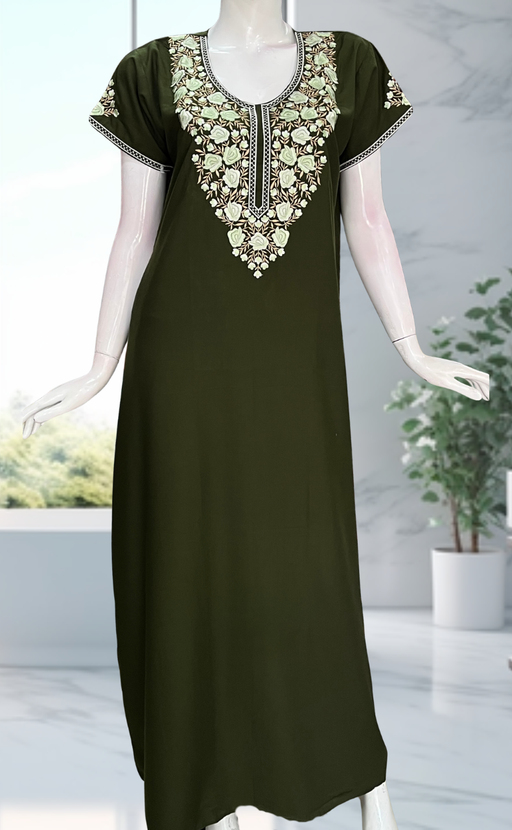 Olive Green Embroidery Soft Cotton Nighty. Soft Breathable Fabric | Laces and Frills - Laces and Frills