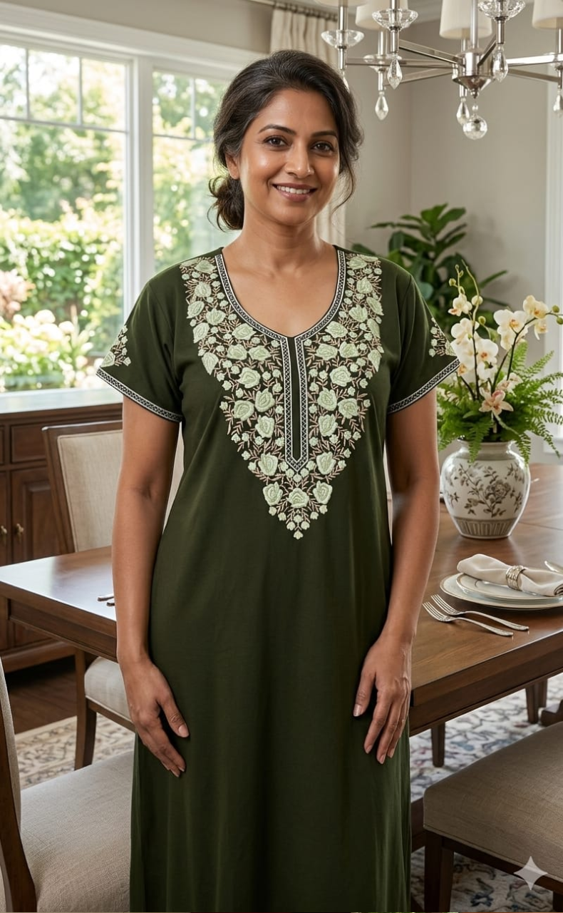Olive Green Embroidery Soft Cotton Nighty. Soft Breathable Fabric | Laces and Frills - Laces and Frills