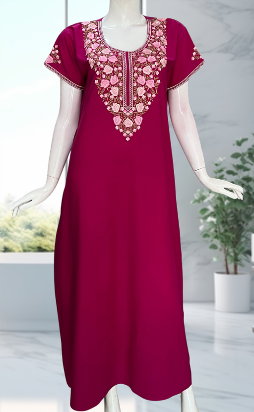 Pink Embroidery Soft Cotton Nighty. Soft Breathable Fabric | Laces and Frills - Laces and Frills