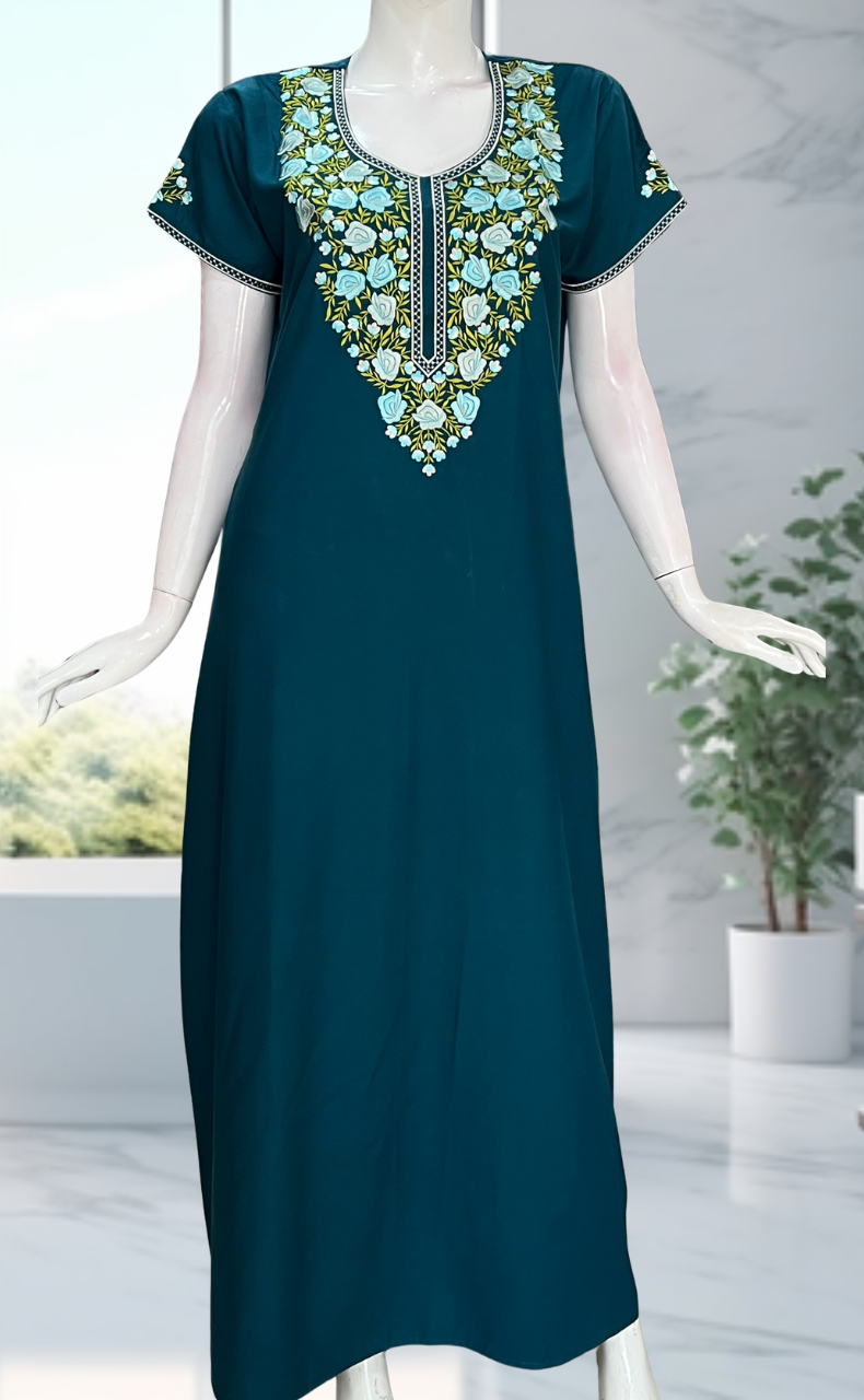 Teal Blue Embroidery Soft Cotton Nighty. Soft Breathable Fabric | Laces and Frills - Laces and Frills