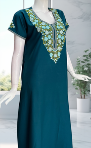 Teal Blue Embroidery Soft Cotton Nighty. Soft Breathable Fabric | Laces and Frills - Laces and Frills