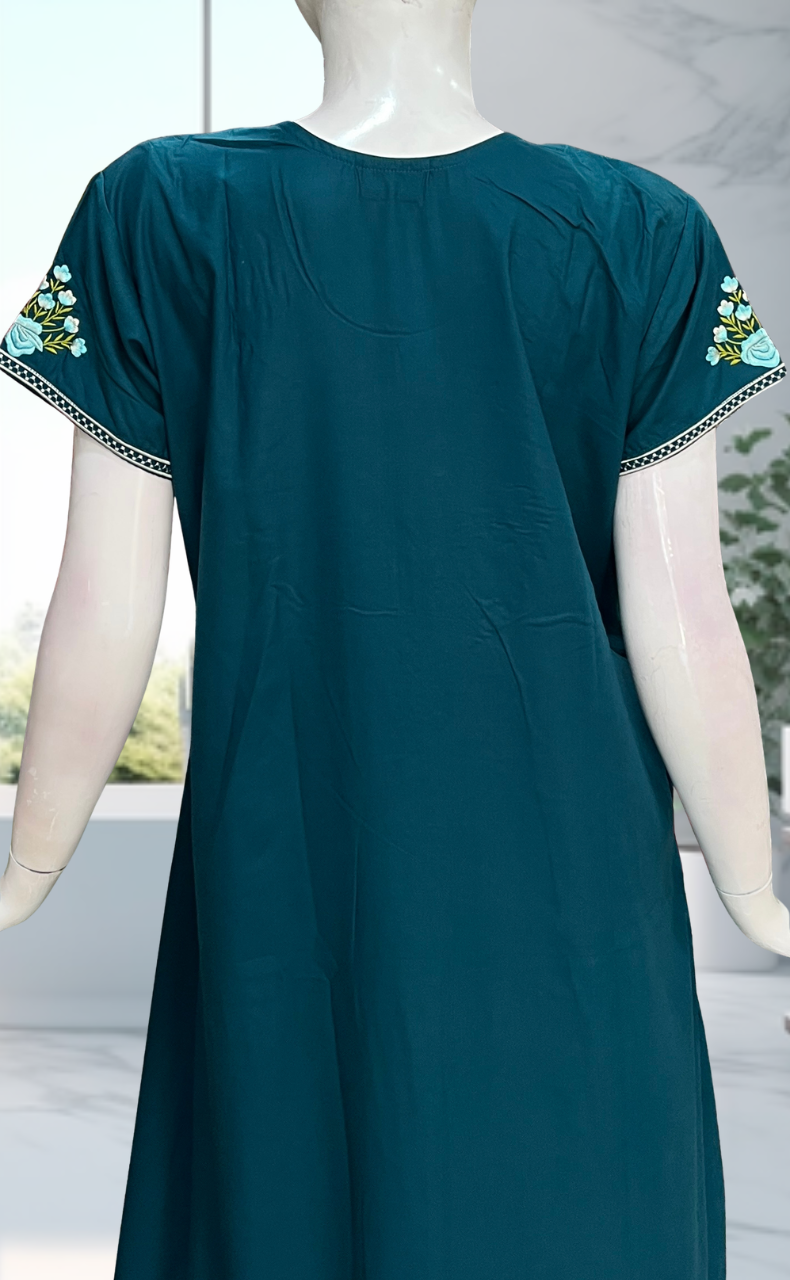 Teal Blue Embroidery Soft Cotton Nighty. Soft Breathable Fabric | Laces and Frills - Laces and Frills
