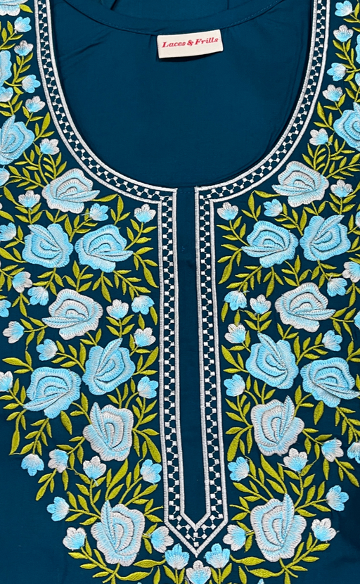 Teal Blue Embroidery Soft Cotton Nighty. Soft Breathable Fabric | Laces and Frills - Laces and Frills