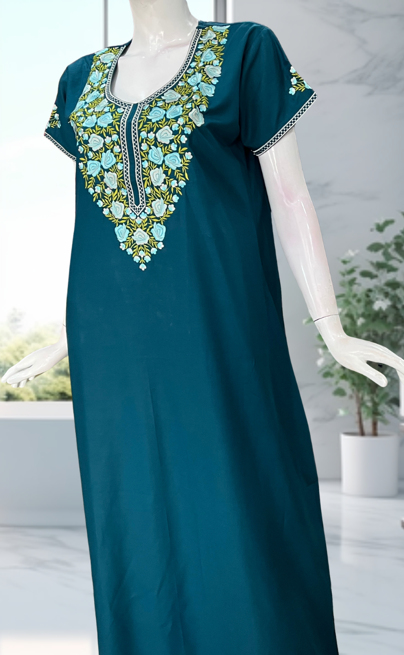 Teal Blue Embroidery Soft Cotton Nighty. Soft Breathable Fabric | Laces and Frills - Laces and Frills