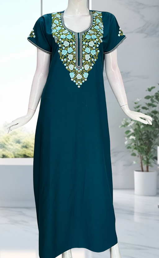 Teal Blue Embroidery Soft Cotton Nighty. Soft Breathable Fabric | Laces and Frills - Laces and Frills