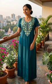 Teal Blue Embroidery Soft Cotton Nighty. Soft Breathable Fabric | Laces and Frills - Laces and Frills