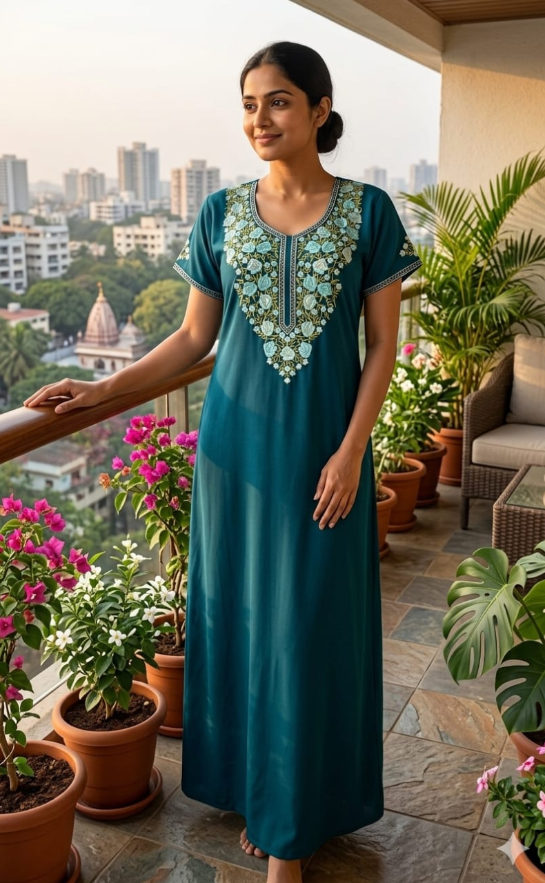 Teal Blue Embroidery Soft Cotton Nighty. Soft Breathable Fabric | Laces and Frills - Laces and Frills