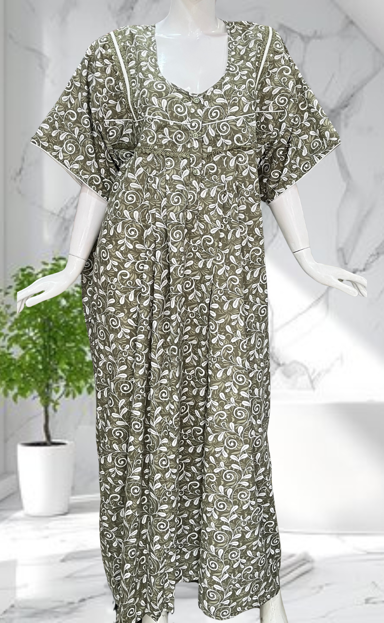 Pista Green Garden Soft Cotton Nighty. Soft Breathable Fabric | Laces and Frills - Laces and Frills