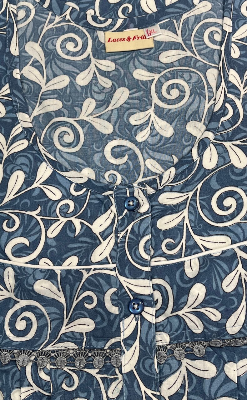 Blue Garden Soft Cotton Nighty. Soft Breathable Fabric | Laces and Frills - Laces and Frills