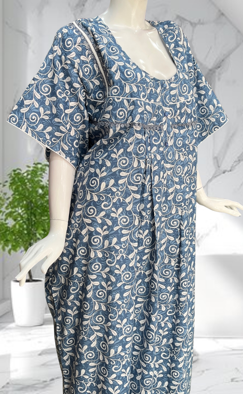 Blue Garden Soft Cotton Nighty. Soft Breathable Fabric | Laces and Frills - Laces and Frills