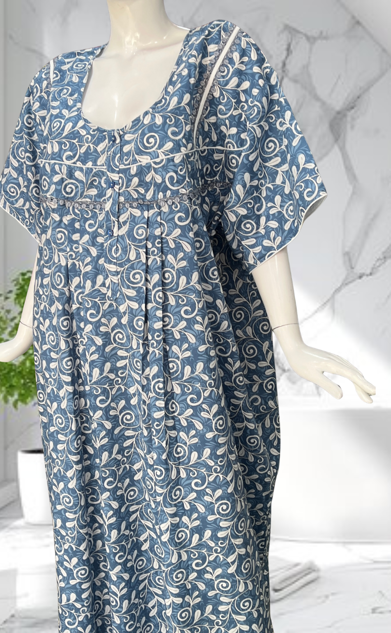 Blue Garden Soft Cotton Nighty. Soft Breathable Fabric | Laces and Frills - Laces and Frills