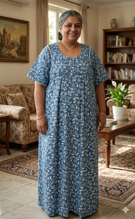 Blue Garden Soft Cotton Nighty. Soft Breathable Fabric | Laces and Frills - Laces and Frills