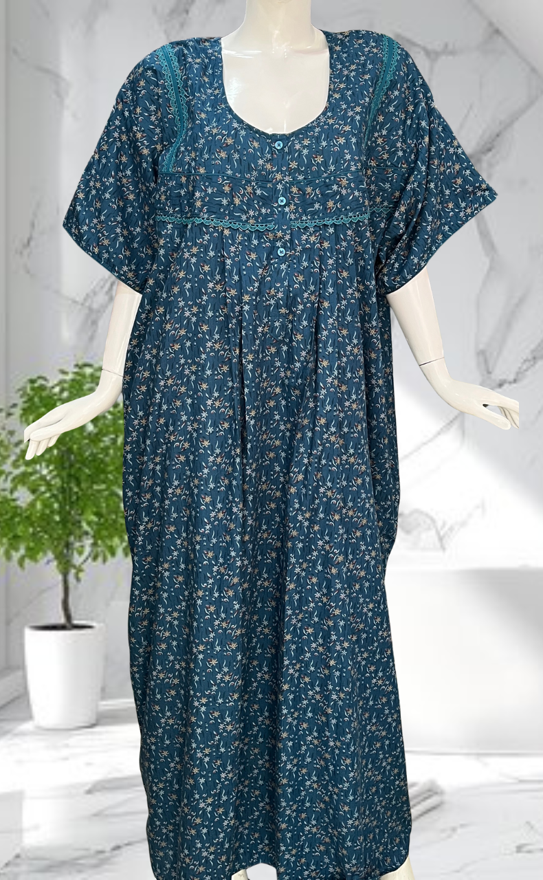 Teal Blue Garden Soft Cotton Nighty. Soft Breathable Fabric | Laces and Frills - Laces and Frills