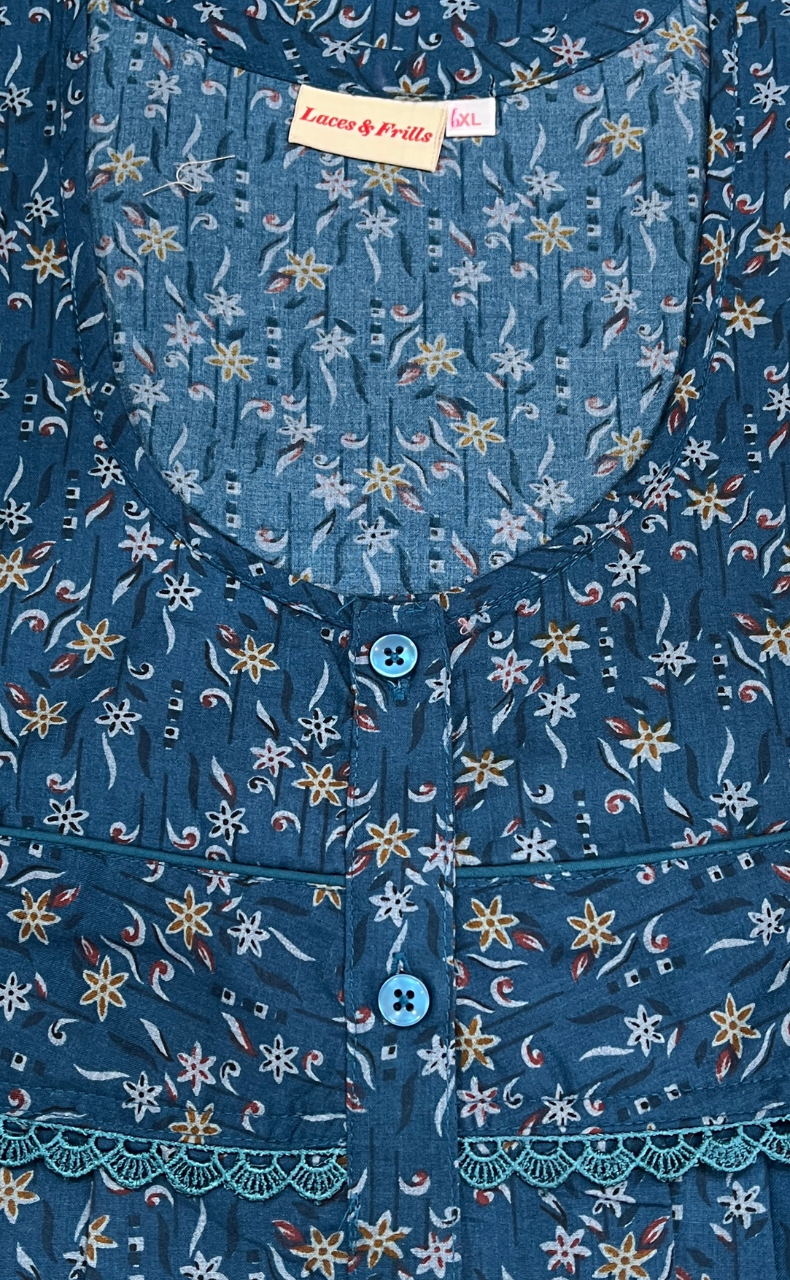 Teal Blue Garden Soft Cotton Nighty. Soft Breathable Fabric | Laces and Frills - Laces and Frills