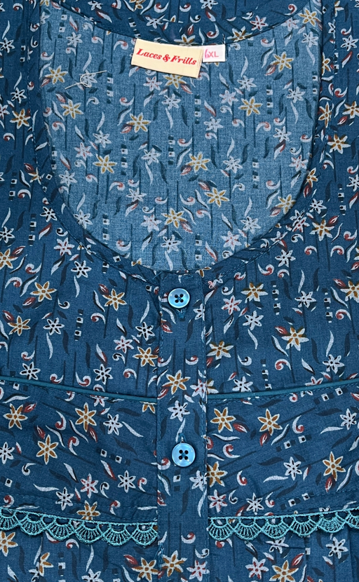 Teal Blue Garden Soft Cotton Nighty. Soft Breathable Fabric | Laces and Frills - Laces and Frills