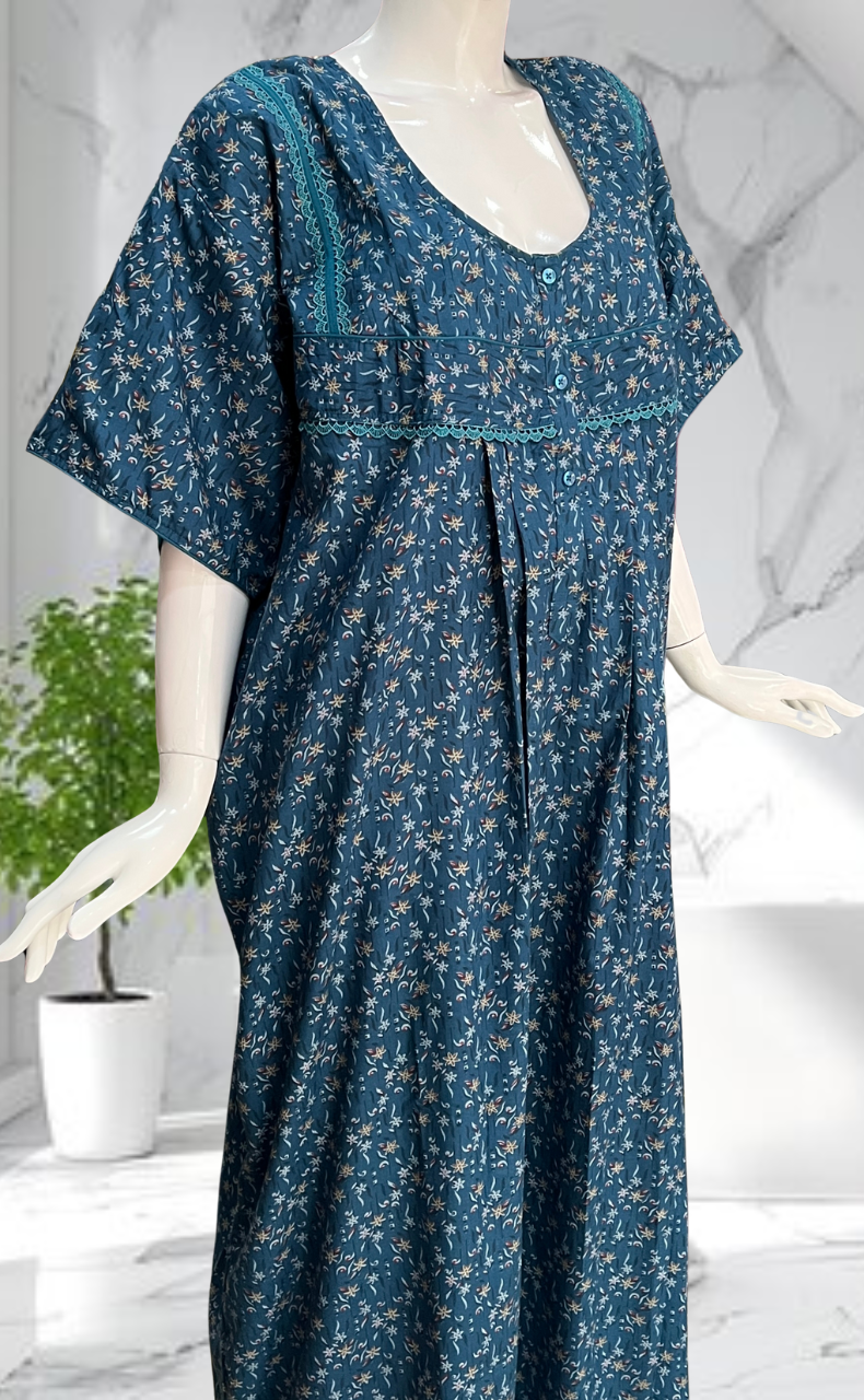 Teal Blue Garden Soft Cotton Nighty. Soft Breathable Fabric | Laces and Frills - Laces and Frills
