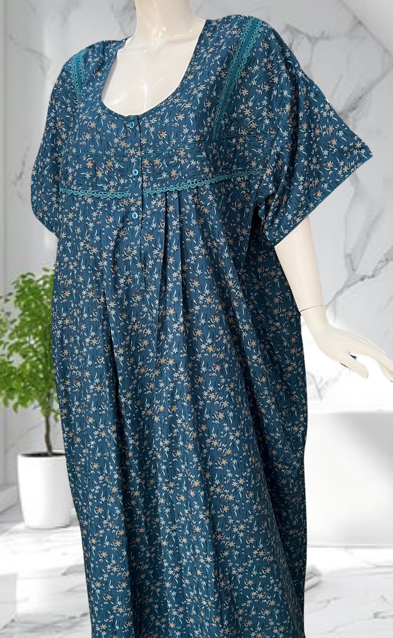 Teal Blue Garden Soft Cotton Nighty. Soft Breathable Fabric | Laces and Frills - Laces and Frills