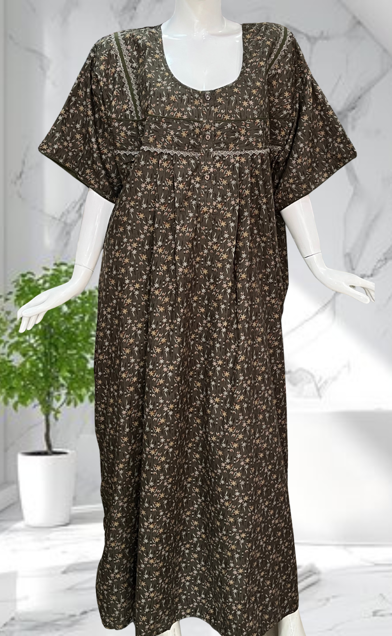 Mehndi Green Garden Soft Cotton Nighty. Soft Breathable Fabric | Laces and Frills - Laces and Frills