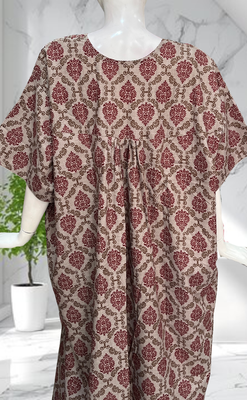 Maroon Ethnic Print Soft Cotton Nighty. Soft Breathable Fabric | Laces and Frills - Laces and Frills