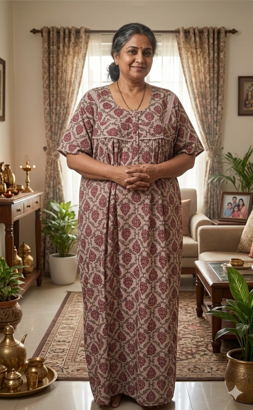 Maroon Ethnic Print Soft Cotton Nighty. Soft Breathable Fabric | Laces and Frills - Laces and Frills