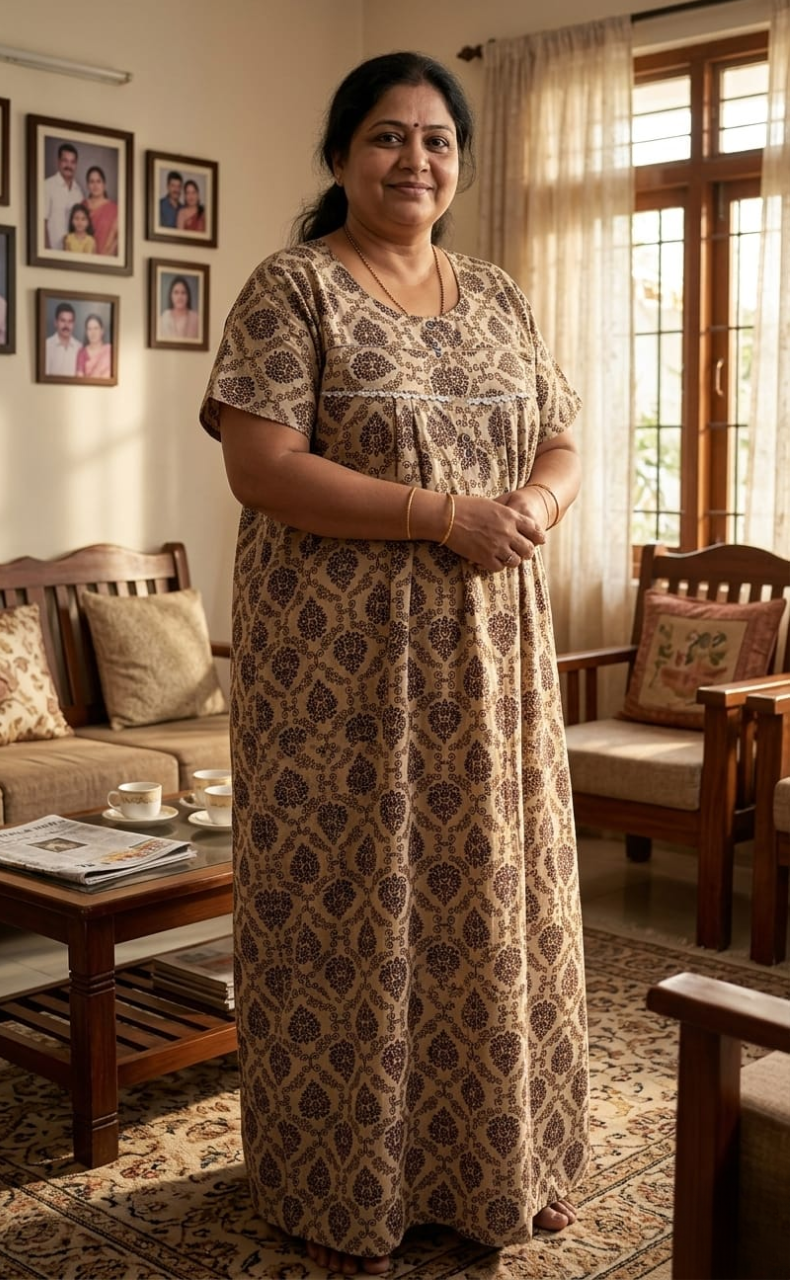 Brown Ethnic Print Soft Cotton Nighty. Soft Breathable Fabric | Laces and Frills